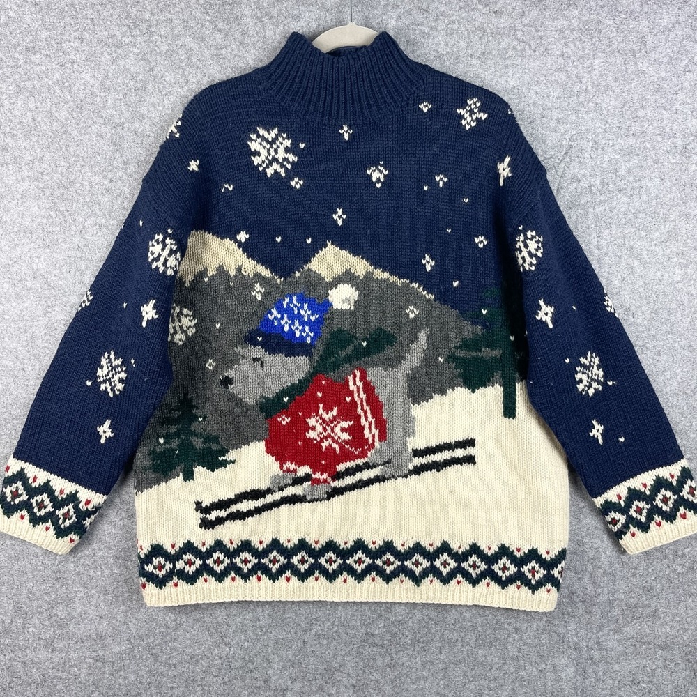 VTG Lauren Ralph Lauren Hand Knit Christmas Sweater Womens Large Scottie Dog Ski